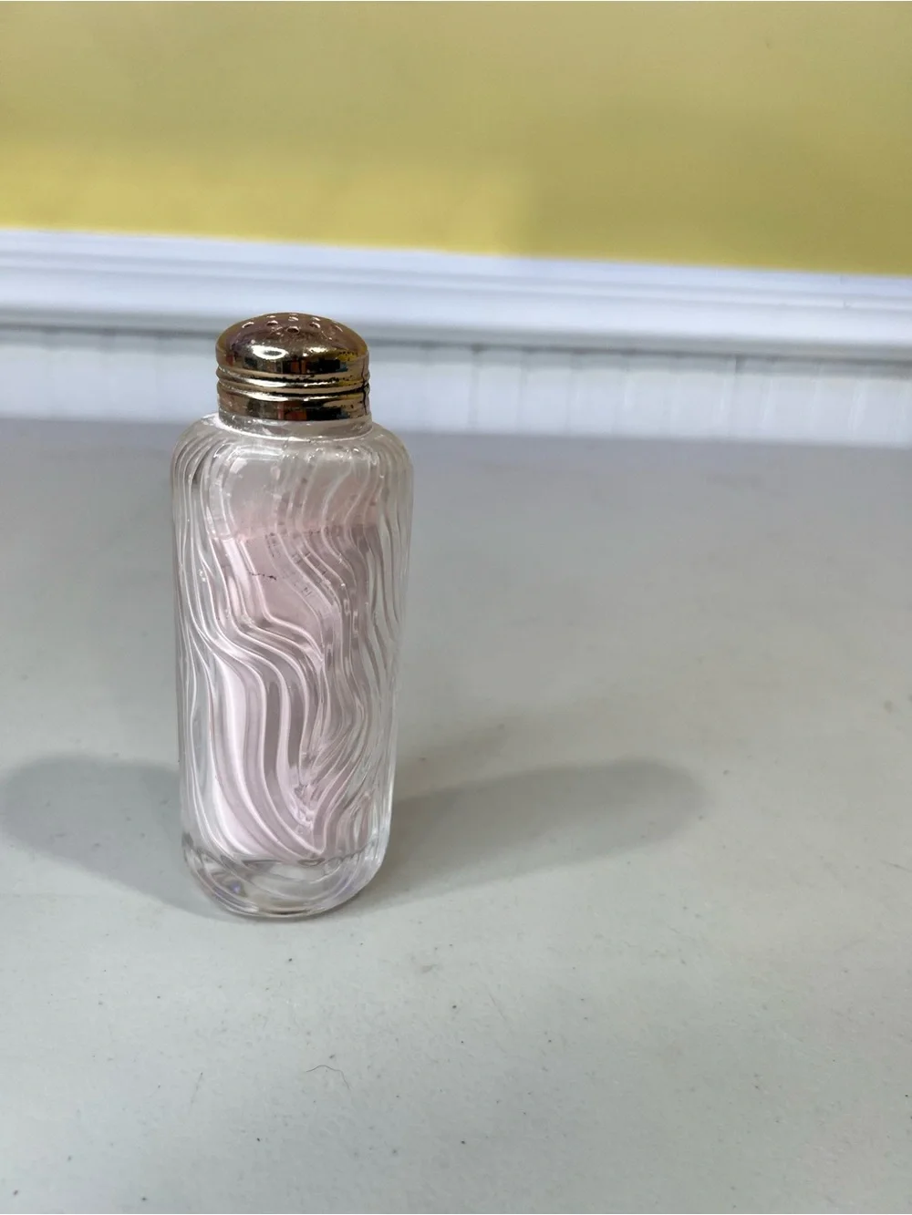 Beautiful body powder by Swirled Pink Glass Vanity Bottle with Gold-Tone Cap